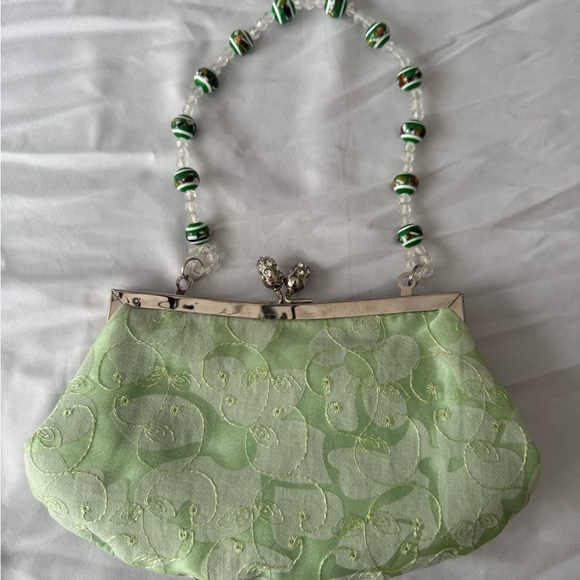Vintage Beaded Floral Satin Purse – Mint Green Sequin Clutch Embellished - Picture 4 of 10